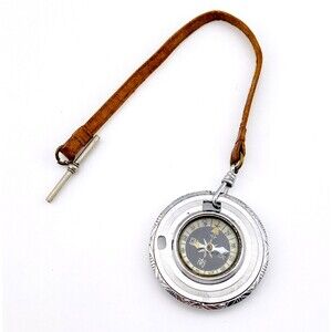 Vintage Chinese Characters Compass Pocket Watch Chain Fob Silver Tone Feng Shui
